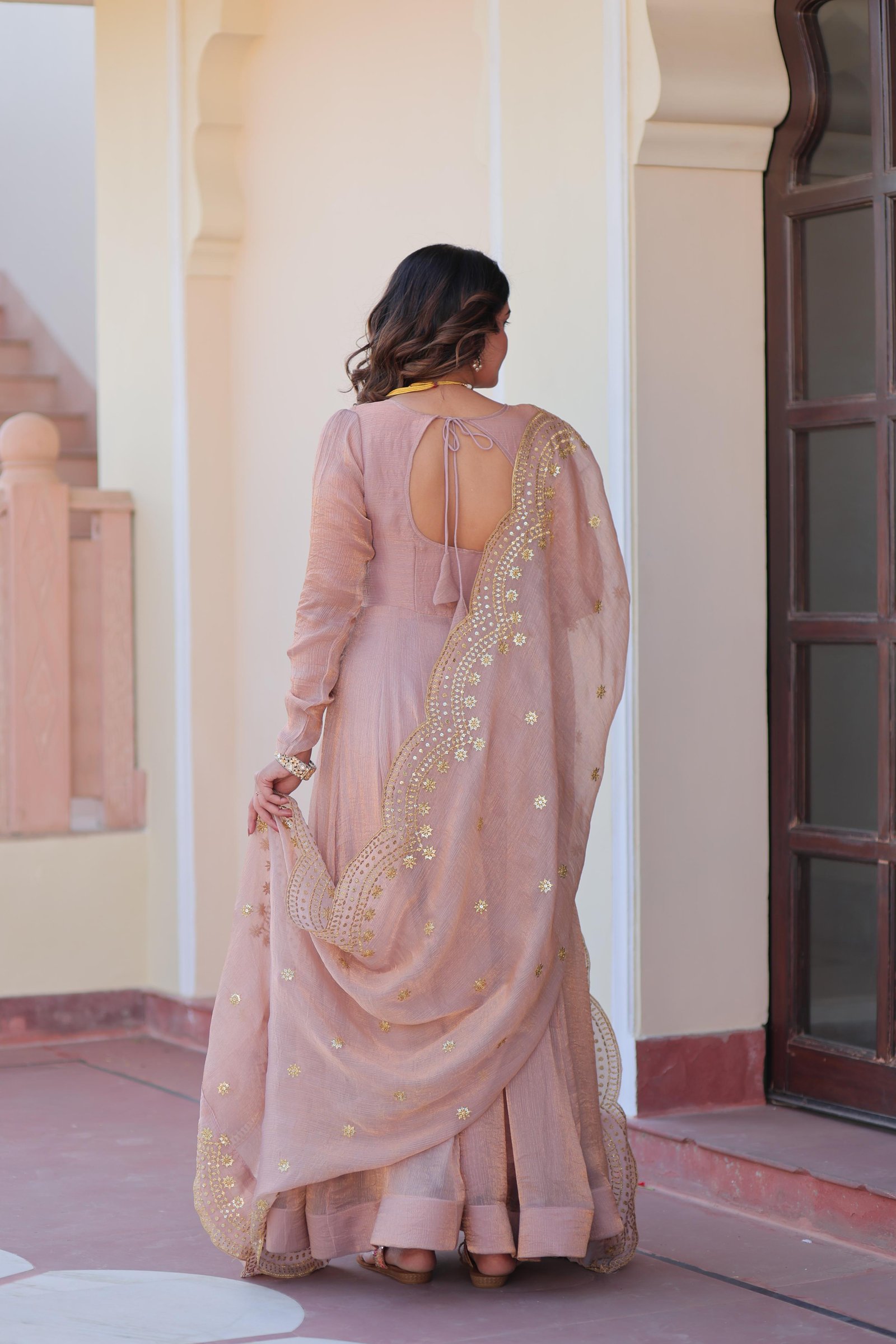 Elegant Fendi Silk Gown with Embroidered Dupatta